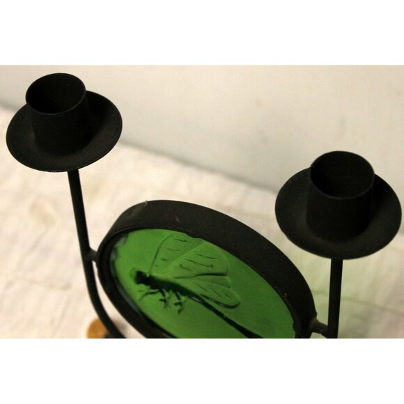 Black Metal Double Taper Dinner Candle Holder Green Glass Dragonfly Decor - Picture 9 of 10